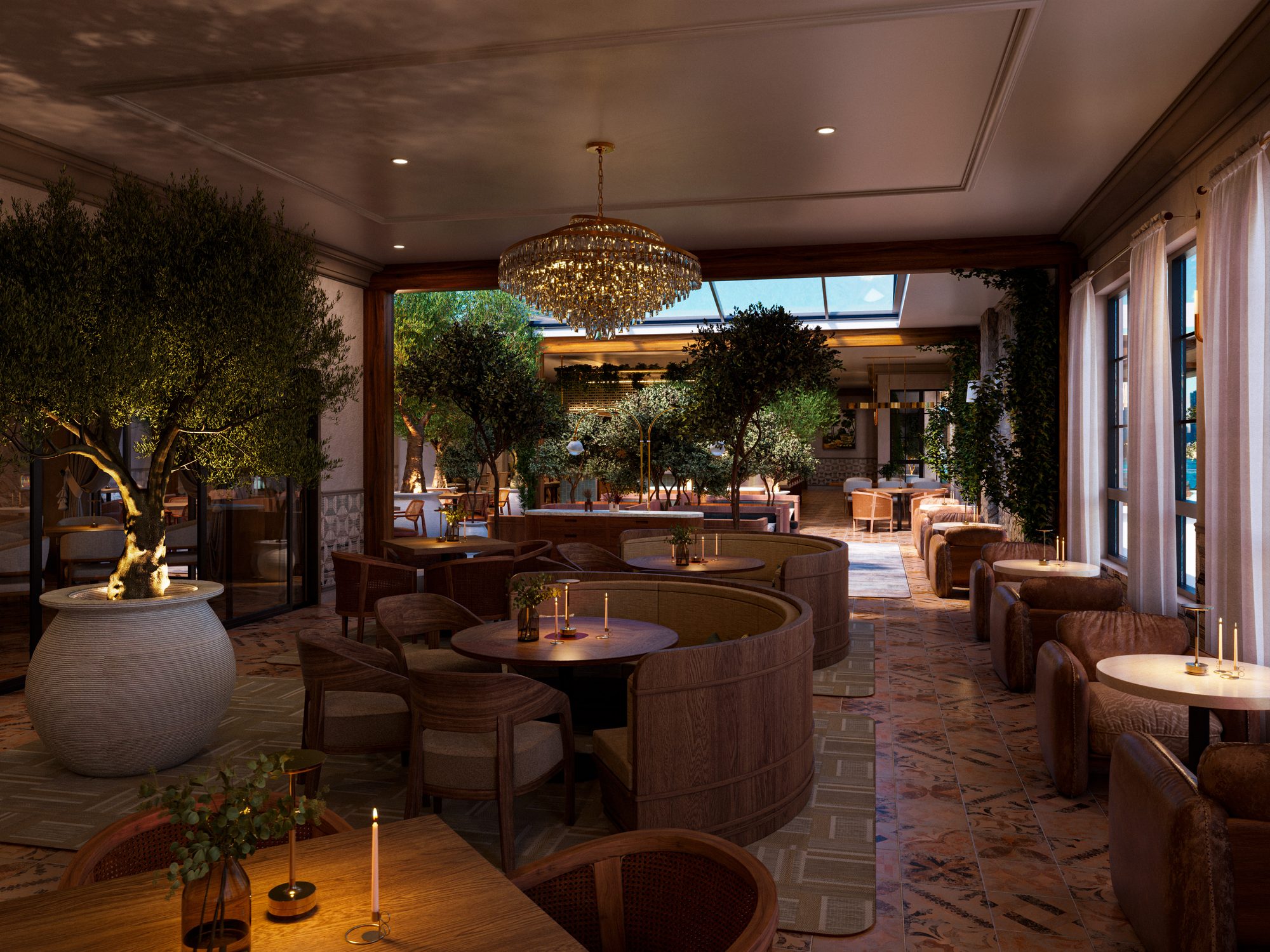 San Sebastián Restaurant — hospitality interior visualization, atmospheric design USA
